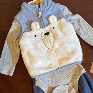 NEW blue gray white three piece bear winter set sz 6-9 mos